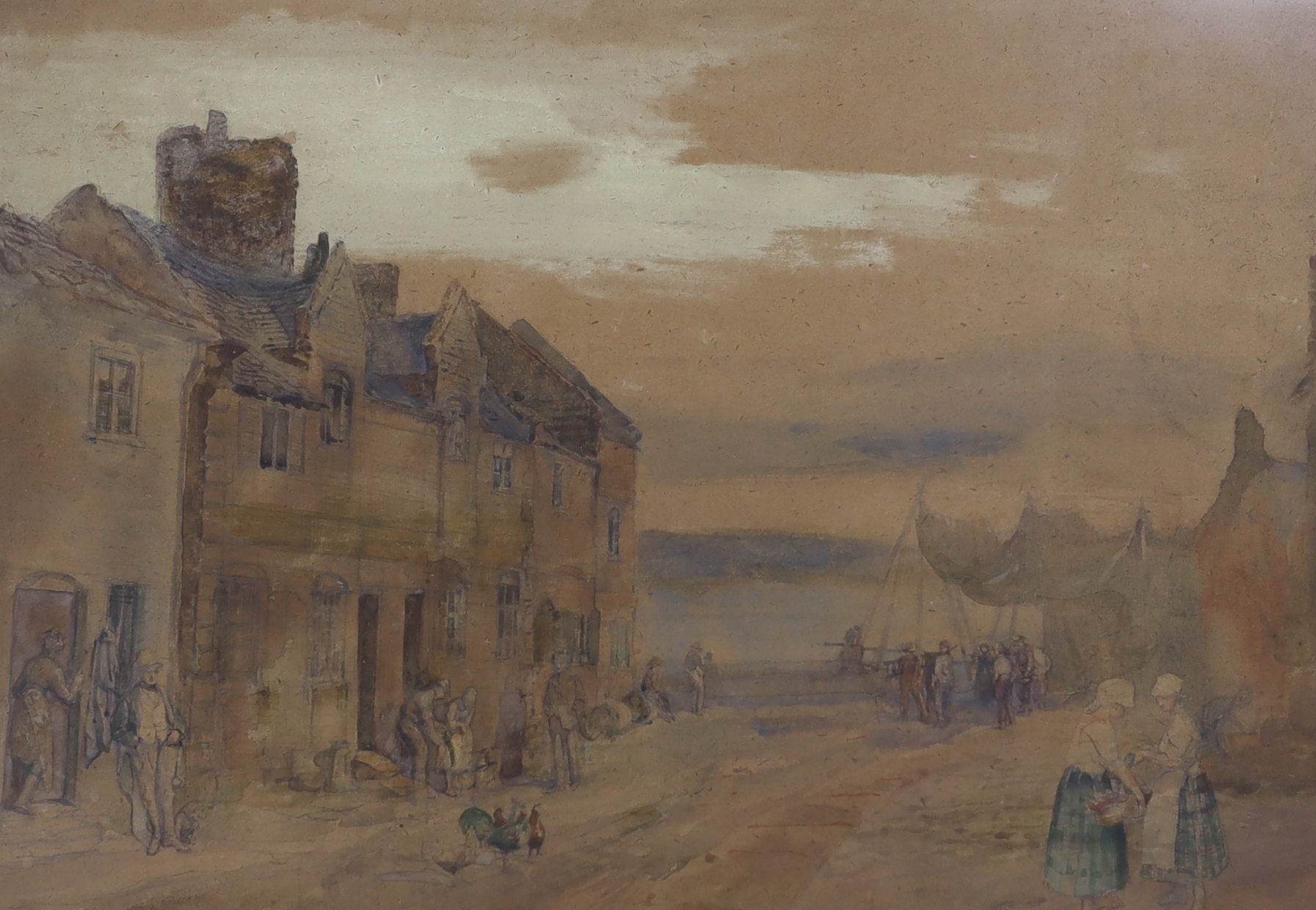 19th century English School, pair of watercolours, Coastal street scene with figures and village street scene with cattle, unsigned, 38 x 62cm